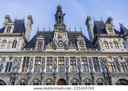 Hotel-de-Ville (City Hall) late evening in Paris - building housing City of Paris\'s administration. Building was constructed between 1874 -1882, architects Theodore Ballou and Edouard Deperta. France.