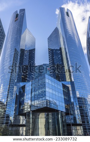 PARIS, FRANCE - NOVEMBER 12, 2014: View of Societe Generale headquarter (SG) in La Defense district, Paris. Societe Generale is a French multinational banking and financial services company.
