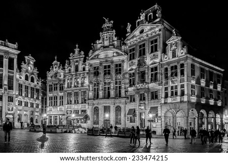 BRUSSELS, BELGIUM - MAY 11, 2014: Night view of the famous Grand Place (Grote Markt) - the central square of Brussels. Grand Place was named by UNESCO as a World Heritage Site in 1998. (Black&white).