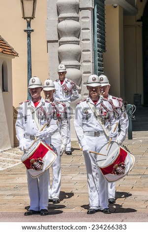 MONTE CARLO, MONACO - JULY 8, 2014: Ceremonial changing of guard at residence of Prince of Monaco. Guards unit was created in 1817 to provide security for the Palace, Sovereign Prince and his family.