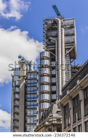 LONDON, UK - JUNE 03, 2013: View of Buildings Lloyd (or Inside-Out Building) home of insurance institution Lloyd of London. Like Pompidou Centre in Paris Buildings Lloyd was designed by Rogers (1986).