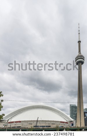 TORONTO, CANADA - JULY 23, 2014: View of Rogers Centre (or SkyDome, opened in 1989). Rogers Centre is a multi-purpose stadium situated next to CN Tower in downtown Toronto, Ontario