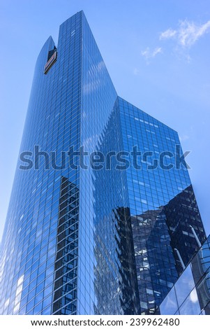 PARIS, FRANCE - NOVEMBER 12, 2014: View of Societe Generale headquarter (SG) in La Defense district, Paris. Societe Generale is a French multinational banking and financial services company.