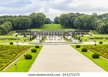 Chateau de Vaux-le-Vicomte (1661) - baroque French Palace located in Maincy, near Melun, in Seine-et-Marne department of France. Beautiful garden designed by landscape architect Andre le Notre.