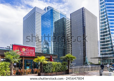 PARIS, FRANCE - MAY 13, 2014: Skyscrapers in business district of Defense to the west of Paris. Defense is biggest business district in France and most of large companies have offices here.