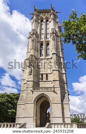 Saint-Jacques Tower (Tour Saint-Jacques) located on Rivoli street in Paris, France. This 52 m Flamboyant Gothic tower is all that remains of former 16 century Church of Saint-Jacques-de-la-Boucherie.
