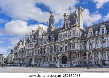 Hotel-de-Ville (City Hall) in Paris - building housing City of Paris\'s administration. Building was constructed between 1874 -1882, architects Theodore Ballou and Edouard Deperta. France.
