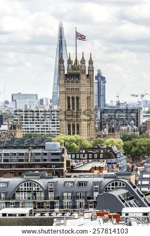 Panoramic view from Westminster Cathedral on Roofs and Houses of London, United Kingdom.