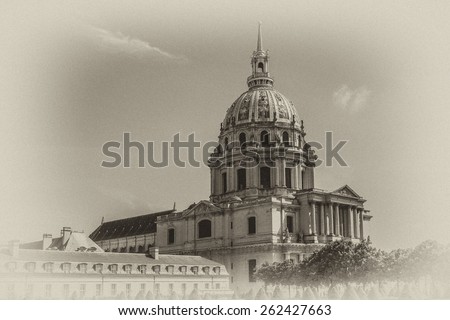 Les Invalides (National Residence of Invalids) - complex of military history museum of France and tomb of Napoleon Bonaparte. At 1860, Napoleon\'s remains bury in here. Paris. Antique vintage.