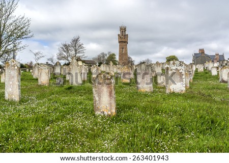 Candie Road Cemetery, not far from the Victoria Tower. Victoria Tower - famous monument in Saint Peter Port, Guernsey, erected in honor of visit by Queen Victoria and Prince Albert to island in 1846.