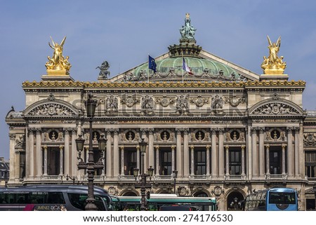 PARIS, FRANCE - APRIL 24, 2015: View of Opera National de Paris. Grand Opera (Garnier Palace) is famous neo-baroque building in Paris - UNESCO World Heritage Site.