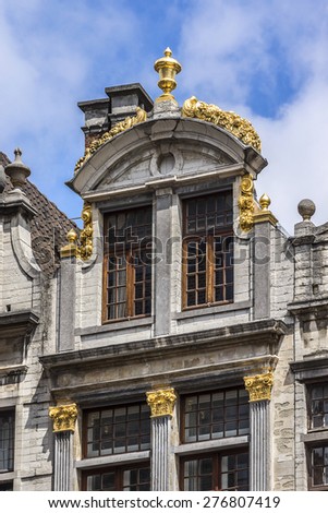 Architectural fragments of ancient buildings on the famous Grand Place (Grote Markt) - the central square of Brussels. Grand Place was named by UNESCO as a World Heritage Site in 1998.