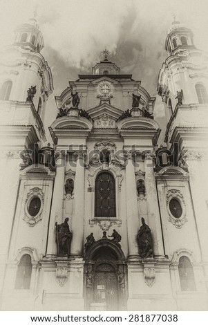Church of Saint Nicholas (Saint Nicholas Cathedral) at Old Town Square, Prague, Czech Republic. Built in 1704 - 1755 it is described as most impressive example of Prague Baroque. Antique vintage.