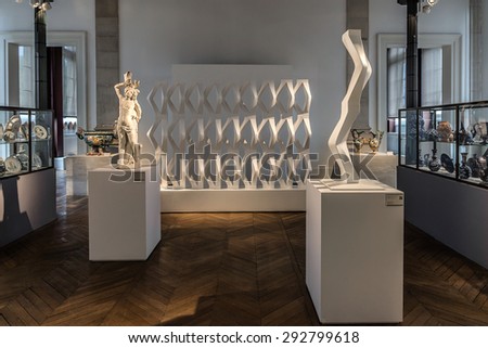 PARIS, FRANCE - JUNE 3, 2015: Interior of Ceramics Museum. Located in a large building specially built in 1876 on banks of river Seine, Sevres Ceramics Museum contains over 50,000 ceramics.