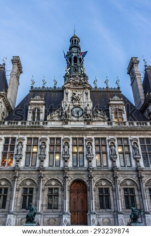 Hotel-de-Ville (City Hall) in Paris - building housing City of Paris\'s administration. Building was constructed between 1874 -1882, architects Theodore Ballou and Edouard Deperta. France. Sunset.