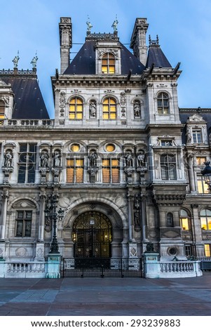 Hotel-de-Ville (City Hall) in Paris - building housing City of Paris\'s administration. Building was constructed between 1874 -1882, architects Theodore Ballou and Edouard Deperta. France. Sunset.