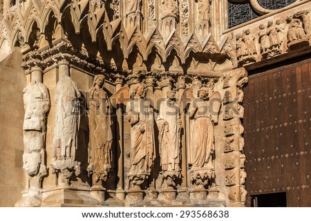 Architectural fragments of Notre-Dame de Reims cathedral facade (Our Lady of Reims, 1275). Reims, Champagne-ardenne, France. It is seat of Archdiocese of Reims, where kings of France were crowned.