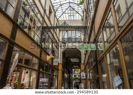PARIS, FRANCE - JUNE 2, 2015: Grand-Cerf covered arcade was created in 1825, not far from Turbigo (Montorgueil district). It is almost 12 m tall, making it one of the largest covered arcades in Paris.