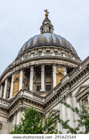 Close up of Magnificent St. Paul Cathedral in London. It sits at top of Ludgate Hill - highest point in City of London. Cathedral was built by Christopher Wren between 1675 and 1711.