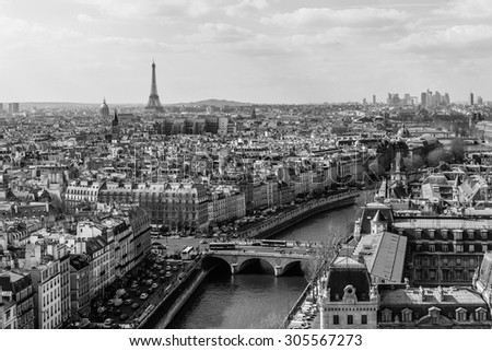 Panorama of Paris with Eiffel tower on the background. View from Cathedral Notre Dame de Paris. France. Black and white.