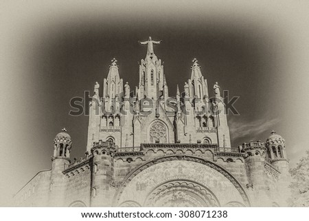 Expiatory Church of Jesus Sacred Heart (Temple Expiatori del Sagrat Cor) - Roman Catholic church and minor basilica located on summit of Mount Tibidabo in Barcelona, Catalonia, Spain. Antique vintage.