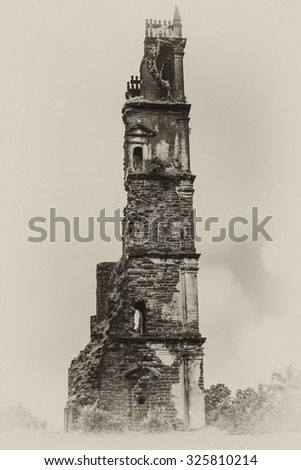 Ruins of St. Augustine complex. In 1835 this complex was abandoned due to expulsion of religious orders from Goa and Portuguese Government ordered its demolition. Old Goa, India. Antique vintage.