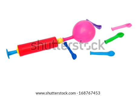 Air pump and balloon on a white background.