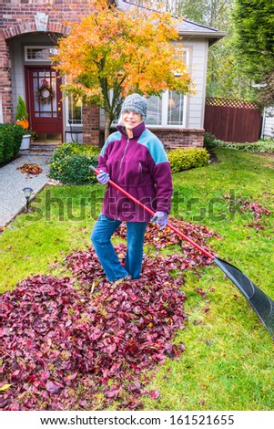 Woman Raking Autumn Leaves in Yard. Vertical.