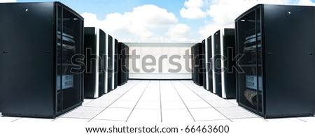 network server room and black servers with blue sky