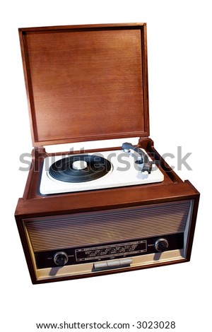 Vintage old fashioned (50\'s, 60\'s) radio with turntable (vinyl player). Isolated on white (clipping path included), open, with room for text