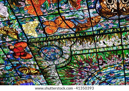 Stained-glass window that decorates the vaulted ceiling at the Stained-glass Plaza. Xcaret, Riviera Maya, Mexico