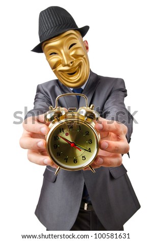 Masked man with clock on white