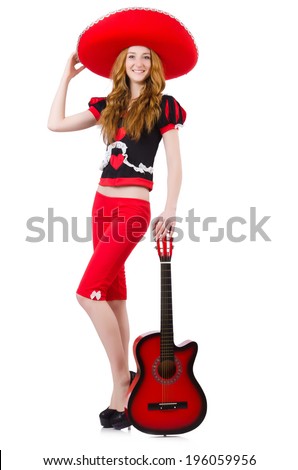 Woman guitar player with sombrero on white