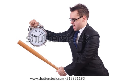 Man hitting the clock with baseball bat isolated on the white