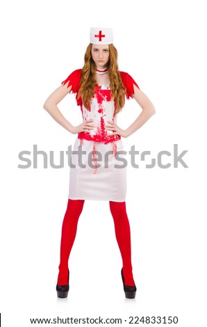 Woman doctor covered in blood in halloween concept