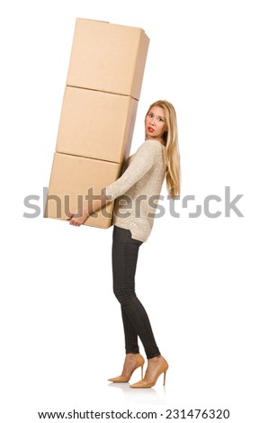 Woman with boxes relocating to new house isolated on white