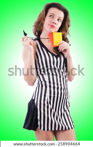 Woman referee with card on white