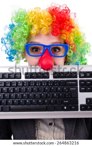 Businessman with clown wig isolated on white