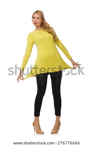 Pretty young woman in yellow blouse isolated on white