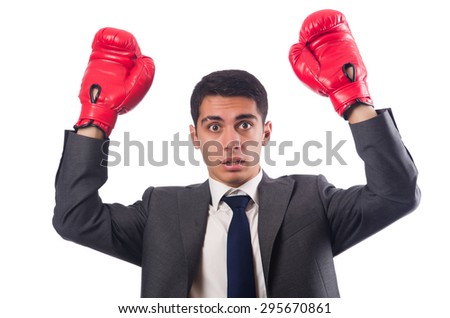Young businessman with box gloves isolated on white