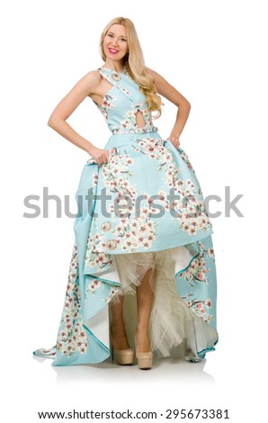 Woman in blue long dress with flower prints isolated on white