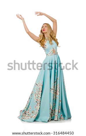 Woman in blue long dress with flower prints isolated on white
