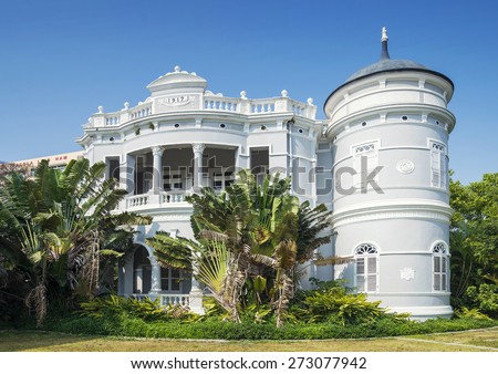old portuguese colonial white architecture mansion in macau china