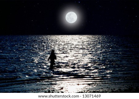 Man fishing under the glow of a low full moon.