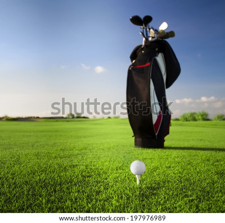 Golf clubs in golfbag and golf balls green grass background