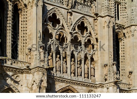 Detail of Gothic arches, filigree and statuary (Kings Gallery) of Principal Facade and The West Face of Burgos Cathedral, Burgos, Castilla y Leon. Spain