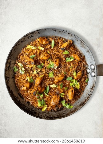 Image, Stock Photo Pan with tasty fideua dish on table