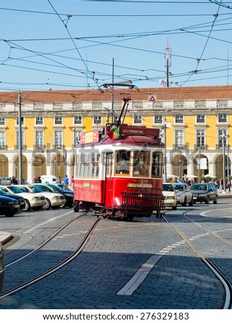 Lisbon, Portugal - February 28, 2015. Lisbon Hills Tramcar Tour in Praca do Comercio. The red line is the tourist line that connects the hills of the city. Lisbon, Portugal.