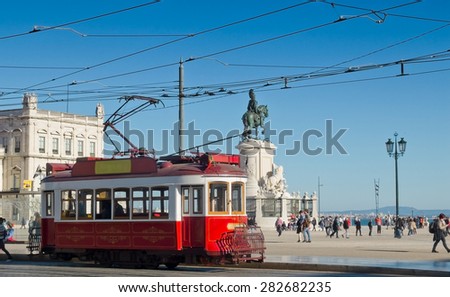Lisbon, Portugal - February 28, 2015. Lisbon Hills Tramcar Tour in Praca do Comercio. The red line is the tourist line that connects the hills of the city. Lisbon, Portugal.