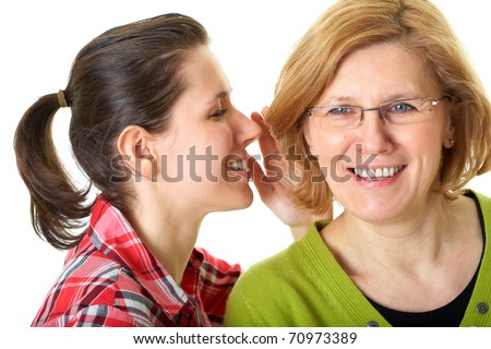 daughter whisper something to her mother, secrecy or privacy concept, isolated on white background